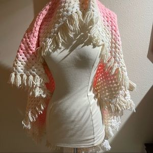 44”x44” Vintage Hand Knit Pink And White Baby Blanket With Fringe girl kid